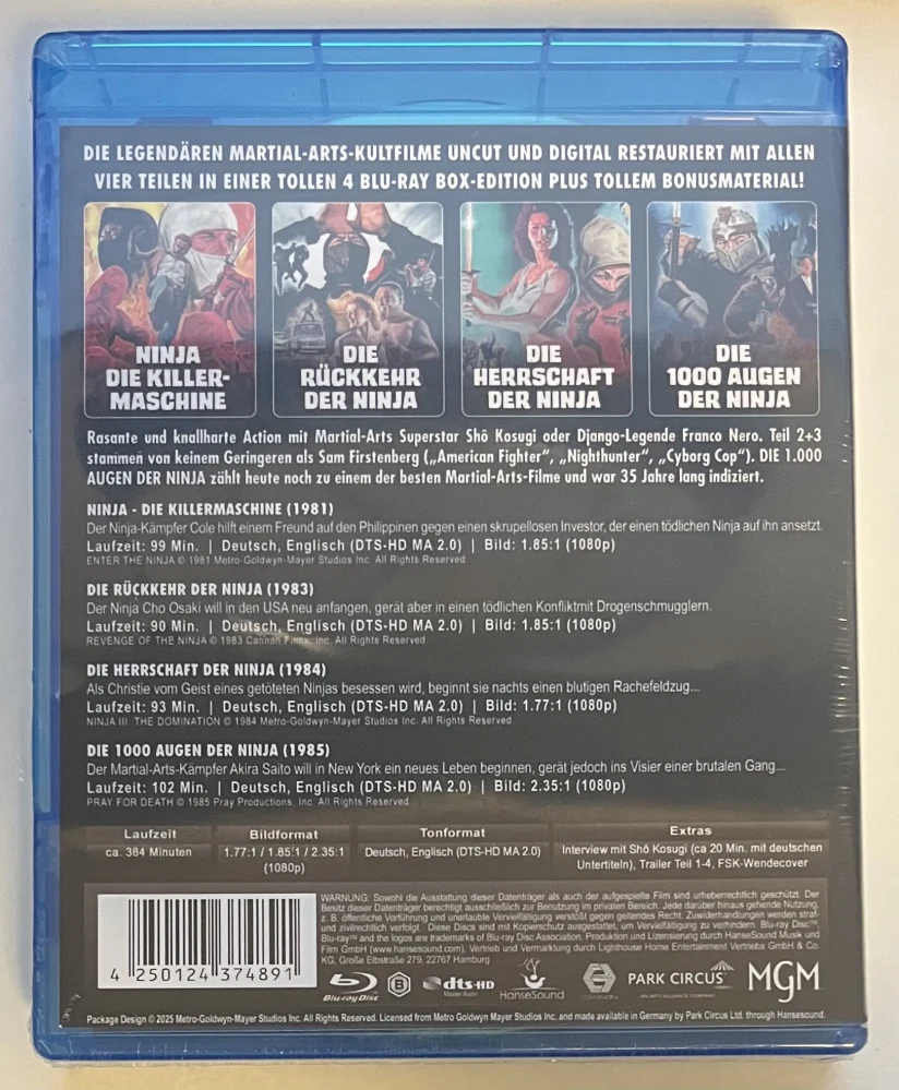Ninja 1-4 Quadrilogy Box-Edition [4 BDs] Enter the Ninja  Ninjan Kosto - Revenge of the Ninja  Ninja – Äänettömät kostajat / Tappomestari Osa II – Uhraus - Ninja 3 the Domination  Ninjan kosto II - rukoile kuolemaa - Pray for Death (Blu-ray Disc) UNCUT