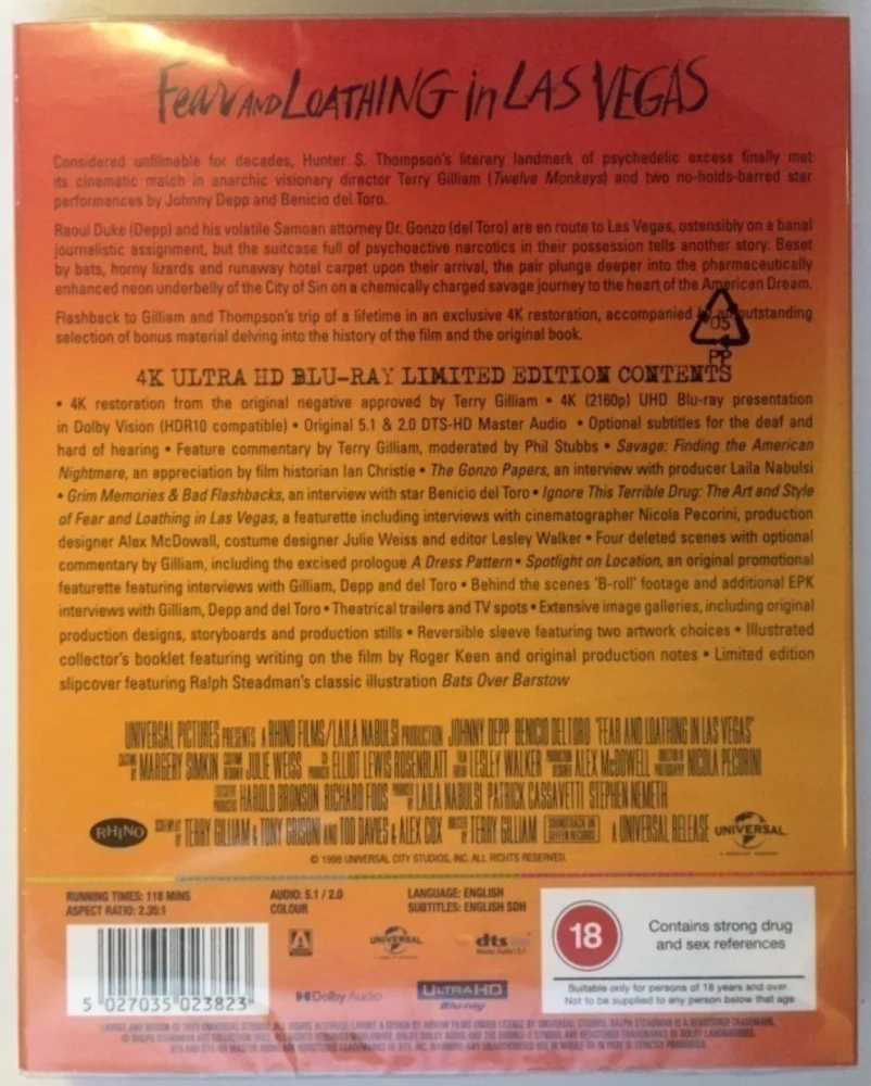 Fear And Loathing In Las Vegas (1998) (4K Ultra HD) Limited Edition (Slipcover + Booklet) Pelkoa ja inhoa Las Vegasissa