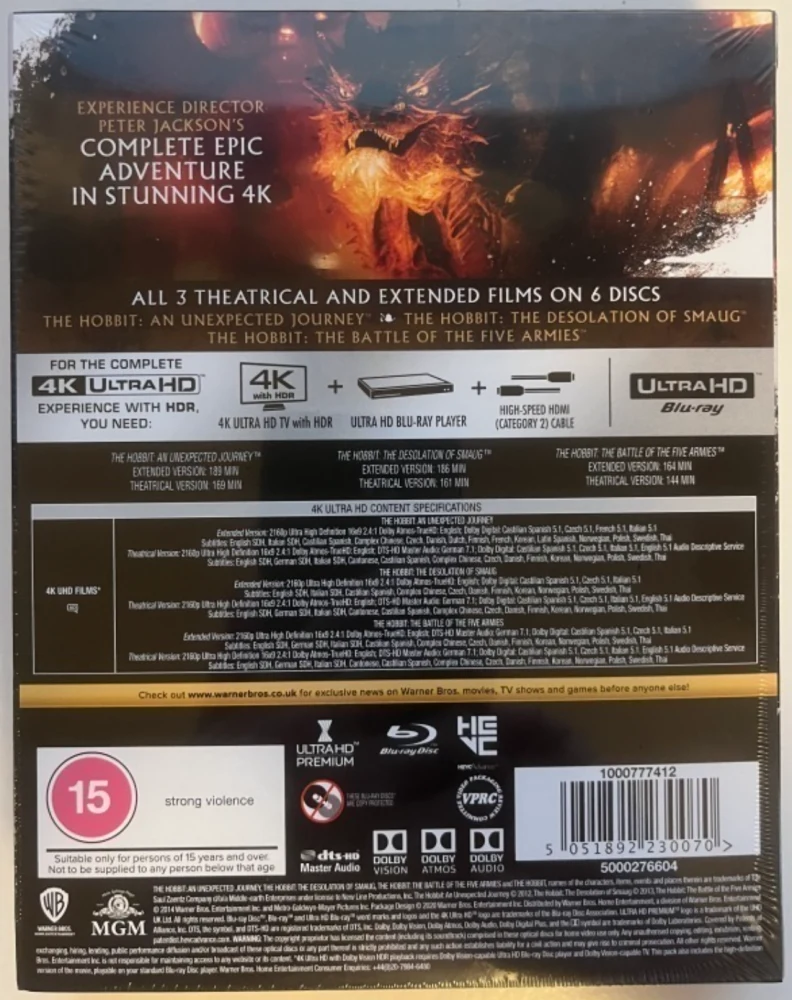 The Hobbit Trilogia - Theatrical and Extended Edition - Hobitti - Trilogia (4K Ultra HD) (6 disc) Slipcase