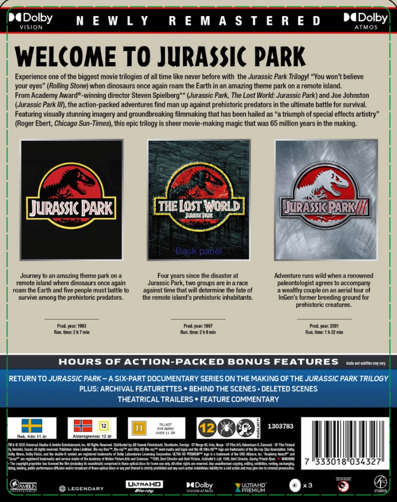 Jurassic Park - Trilogia (1993 - 2001) Limited Edition Steelbook (3x 4K Ultra HD) Jurassic Park / The Lost World: Jurassic Park / Jurassic Park III