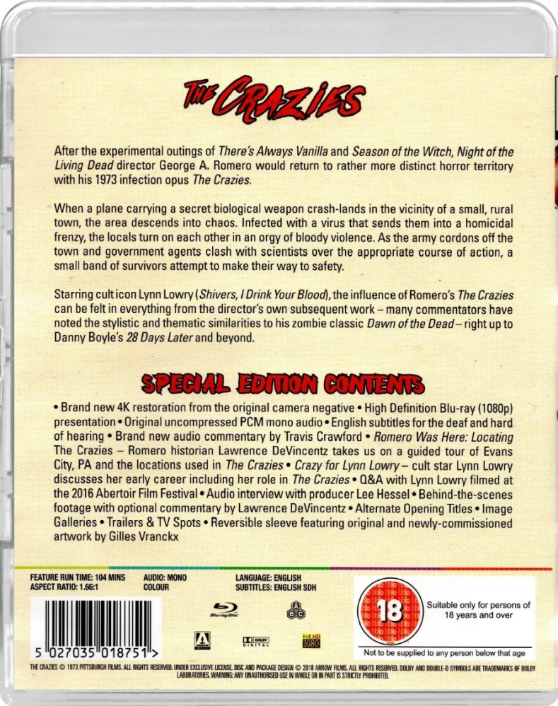 Kaikki saastuneet tuhotaan (1973) George A. Romero's - The Crazies (Blu-ray) 1973 (ARROW)