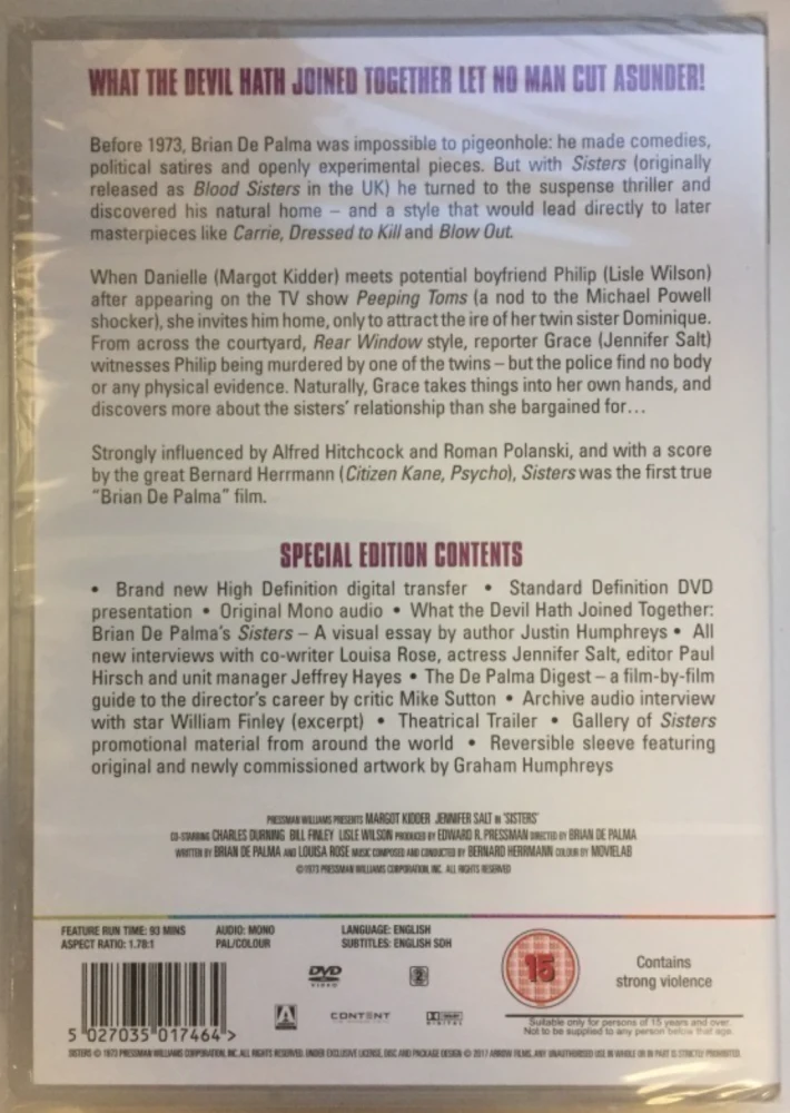 Verinen Veitsi (DVD) Ohjaus: Brian De Palma (1973) Sisters (Arrow)