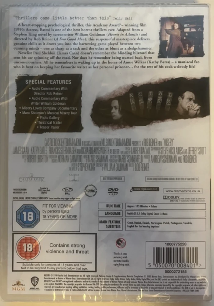 Piina (DVD) Stephen King (Kathy Bates & James Caan) Misery