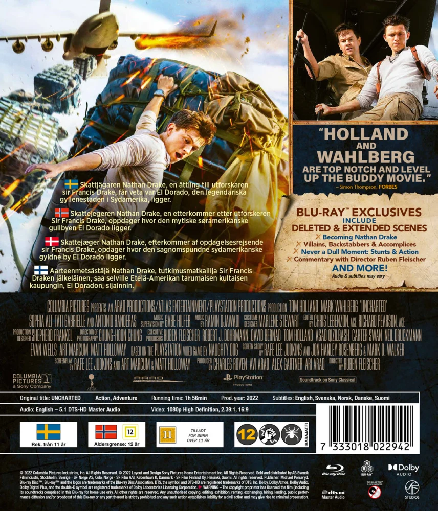 Uncharted (Blu-ray) Tom Holland, Mark Wahlberg (2022)