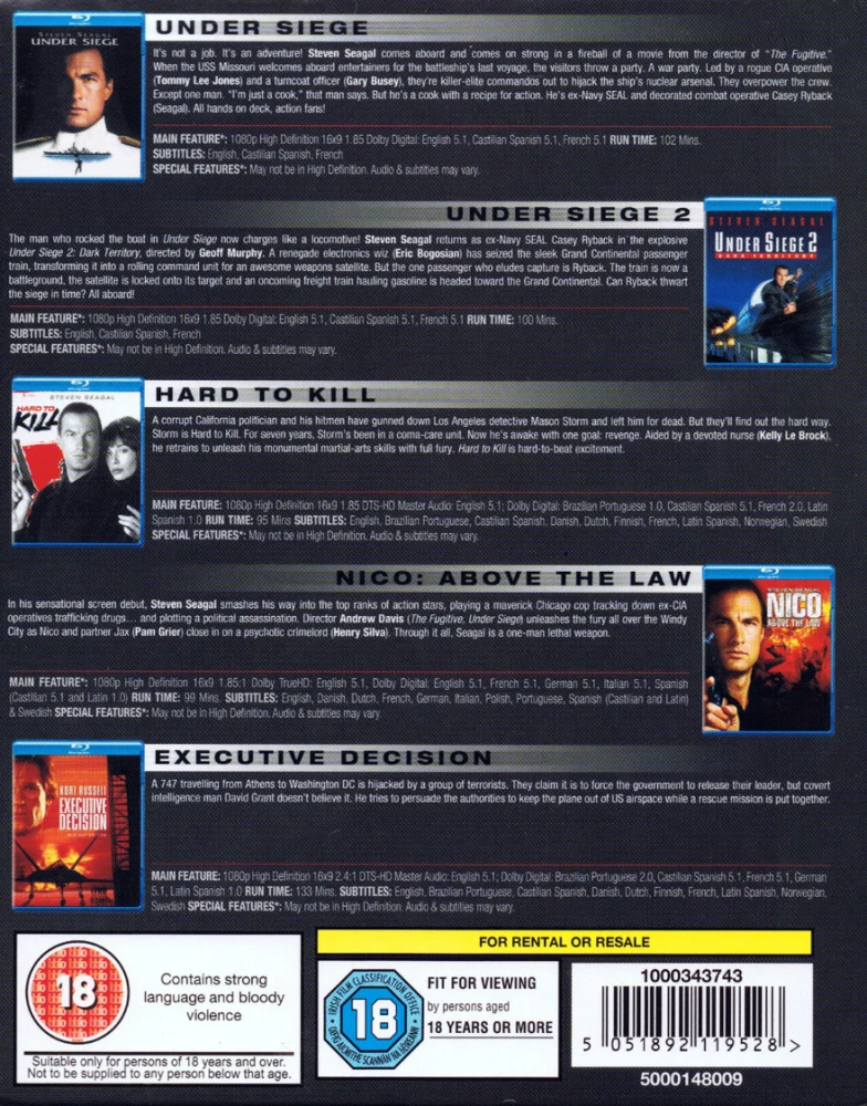 Steven Seagal Collection (5x Blu-ray) Under Siege - Kaappaus Merellä / Under Siege 2 - Kaappaus Raiteilla / Hard to Kill - Vaikeasti Tapettava / Nico: Above the Law / Executive Decision - Ratkaisun Hetket