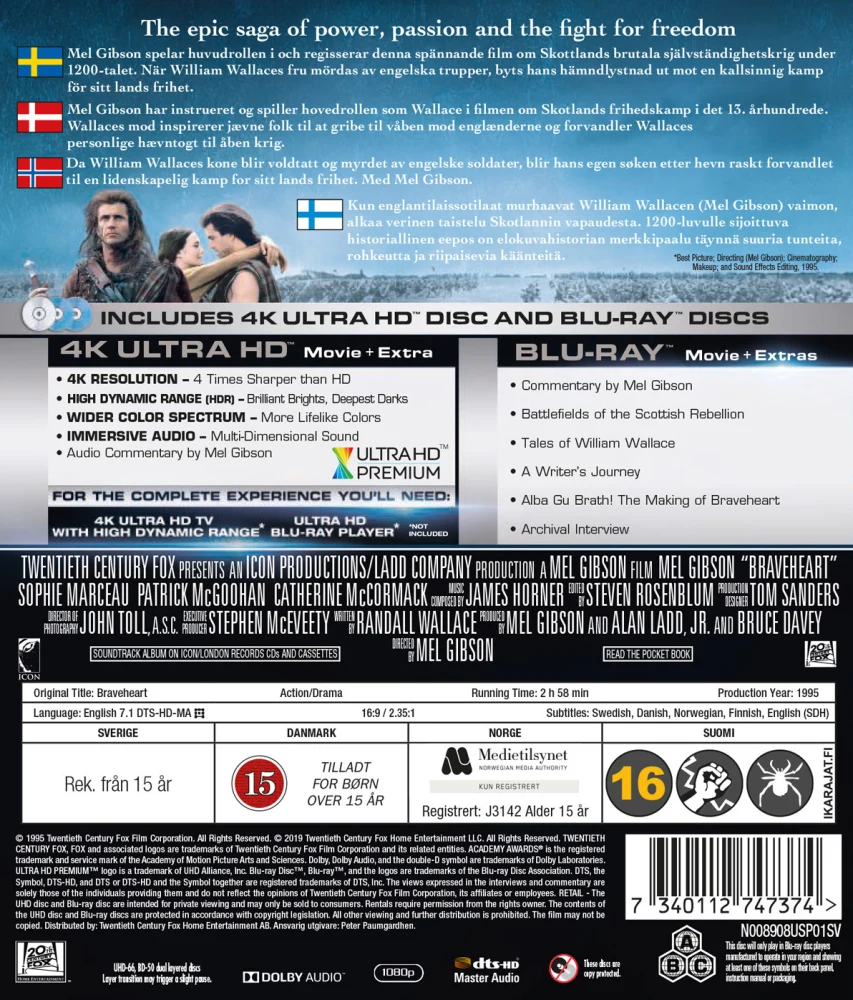 Braveheart - taipumaton (4K Ultra HD + Blu-ray + Bonus disc Blu-ray)