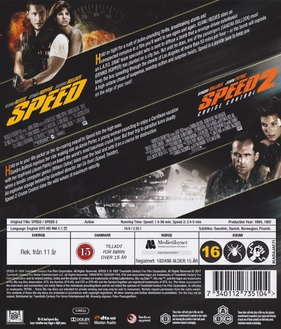 Speed - kuoleman kyydissä / Speed 2 - vaara iskee vesillä (Blu-ray) Speed + Speed 2: Cruise Control