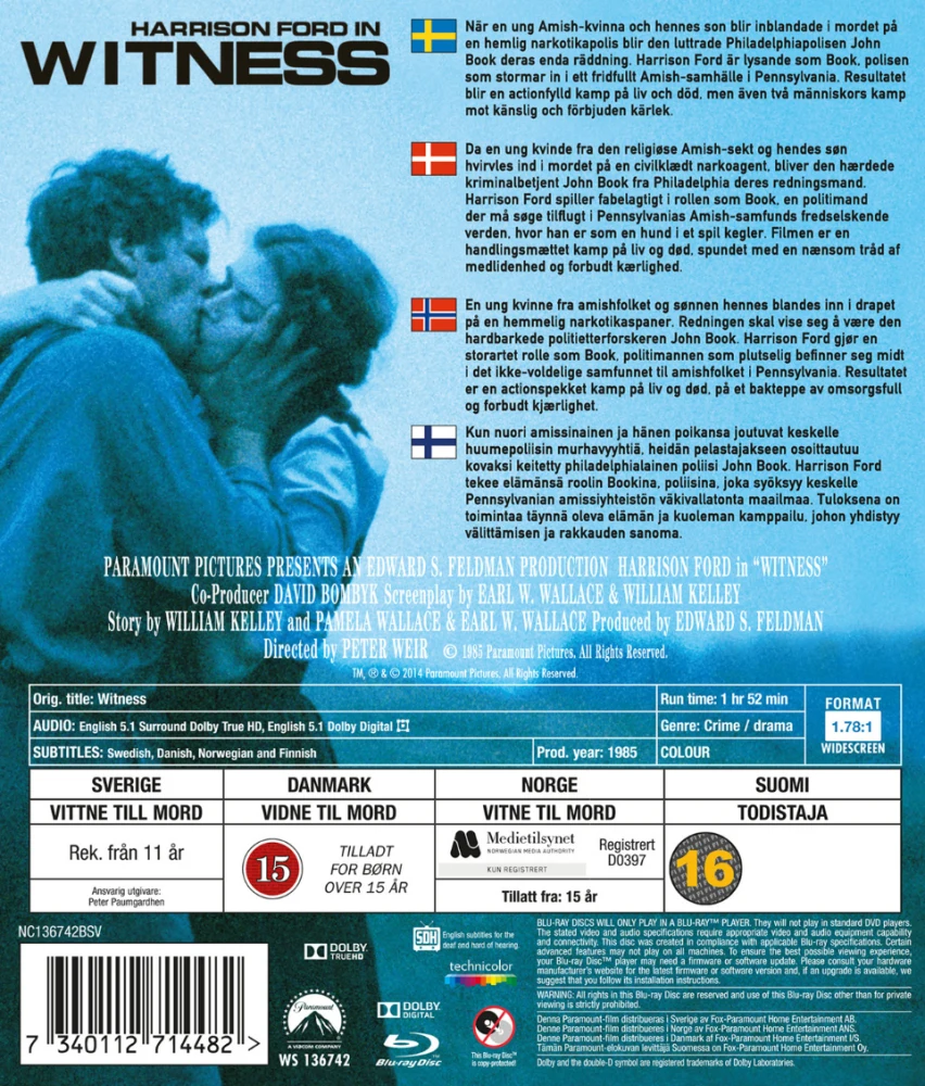 Witness (Blu-ray) Harrison Ford, Kelly McGillis (1985)