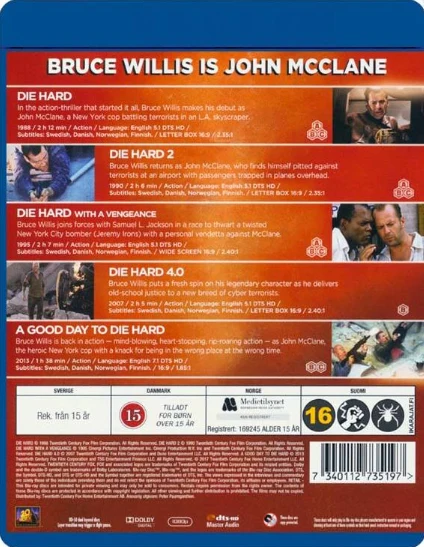 Die Hard 1-5 (Blu-ray) (5 disc) (Bruce Willis) Die Hard: Vain kuolleen ruumiini yli / Die Hard 2: Vain kuolleen ruumiini yli 2 / Die Hard - Koston enkeli / Die Hard 4.0 - Live Free or Die Hard / A Good Day to Die Hard