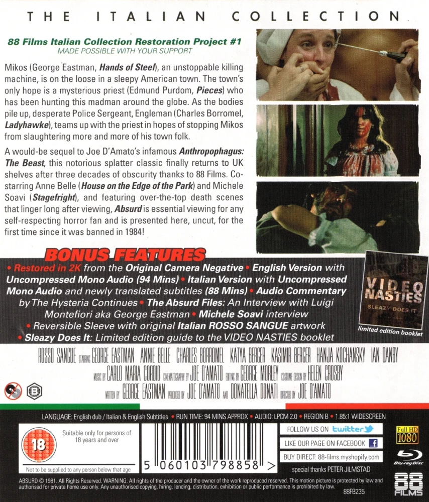 Absurd (Blu-ray) Ohjaus: Joe D'Amato (1981) Rosso sangue AKA Blood Red AKA Horrible AKA Antropophagus 2 AKA The Grim Reaper 2 AKA Monster Hunter AKA Zombie 6: Monster Hunter 