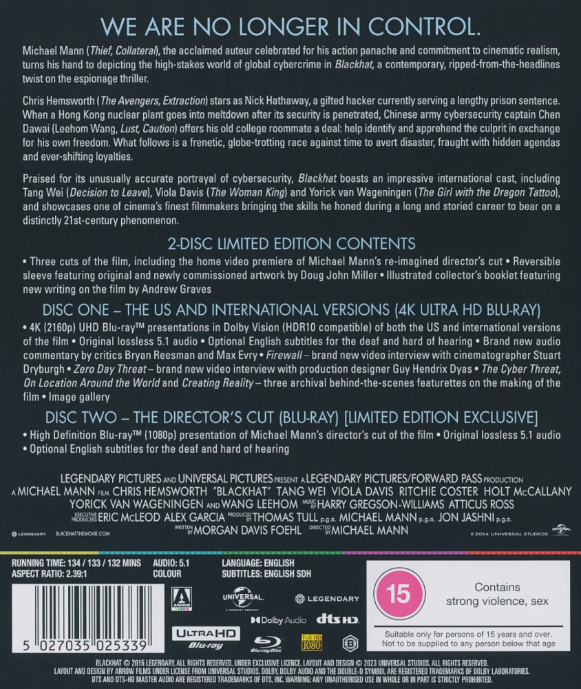 Blackhat (2015) Limited Edition (4K Ultra HD) Vihkonen (1 Movie, 3 Cuts)
