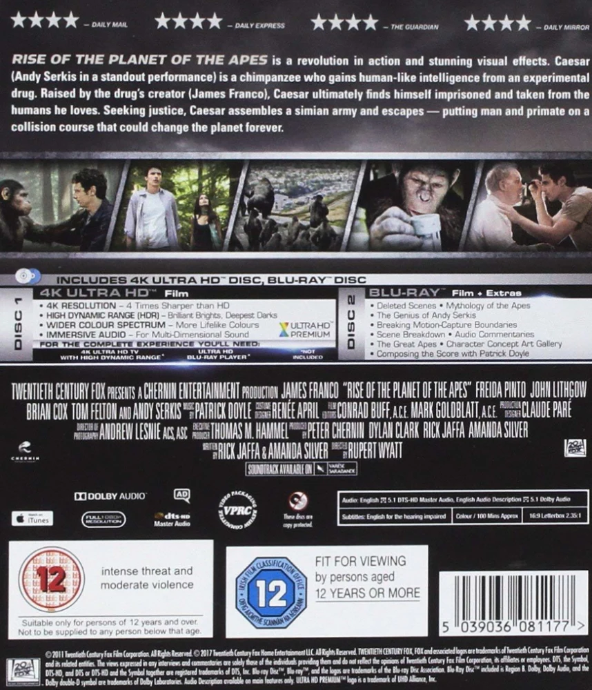 Rise of the Planet of the Apes (2011) (4K UHD + Blu-ray) Apinoiden planeetan synty