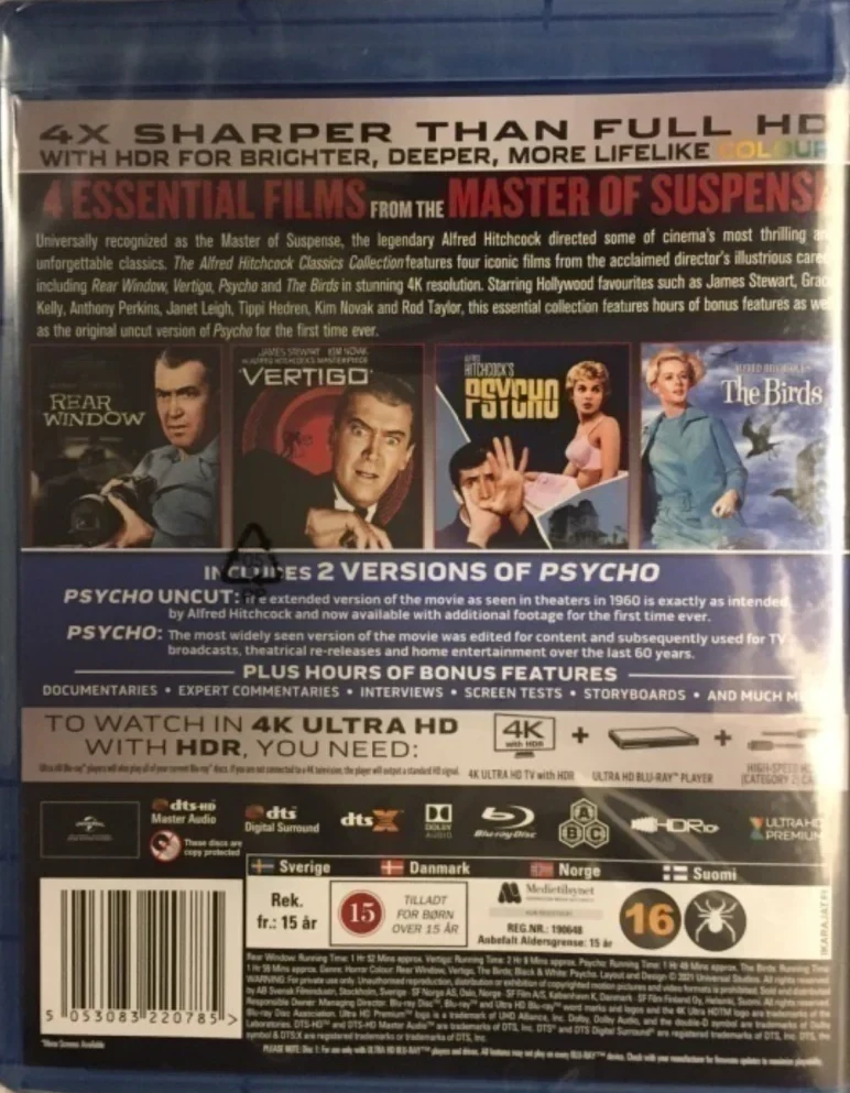 The Alfred Hitchcock Collection (4K Ultra HD + Blu-ray) Psyko - Psycho, Linnut - The Birds, Takaikkuna - Rear Window, Punainen kyynel - Vertigo