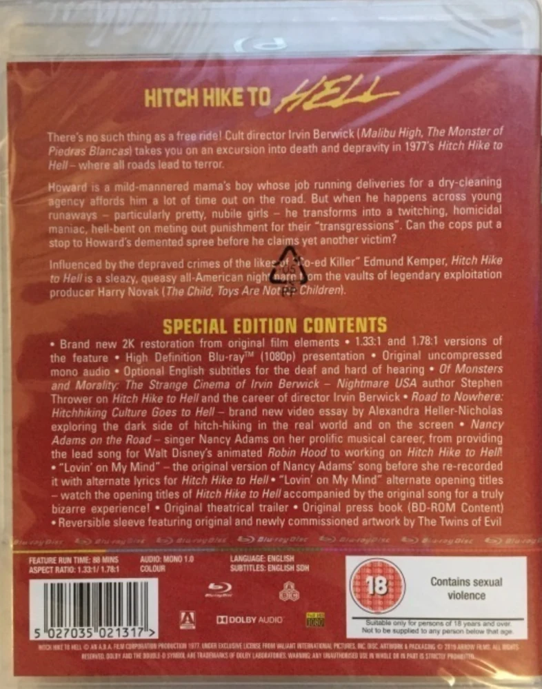 Hitchhike to Hell (Blu-ray) ARROW (1977) Ensimmäinen painos: vihkonen mukana