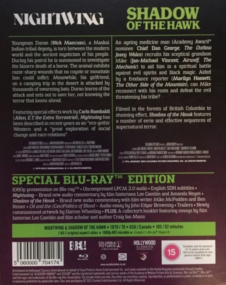 Yön siivet - Nightwing / Shadow Of The Hawk - Limited Edition (Blu-Ray) Slipcover ja Vihkonen. EUREKA! (Eureka Classics)