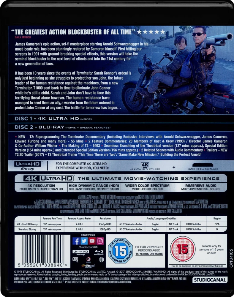 Terminator 2 - Judgment Day / Terminator 2 - Tuomion Päivä (4K Ultra HD + Blu-ray) Kolme Versiota Elokuvasta