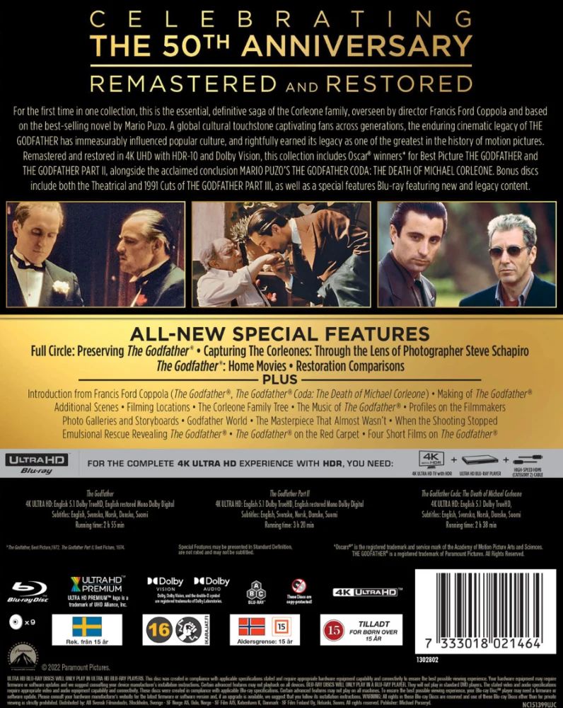 Kummisetä Trilogia - The Godfather Trilogy (4K Ultra HD) Kummisetä (1972) 4K, Kummisetä osa II (1974) 4K,   Kummisetä osa III (1990) 4K: 3 eri versiota osasta 3- The Godfather Coda: The Death of Michael Corleone" / The Godfather Part III" (Theatrical Vers