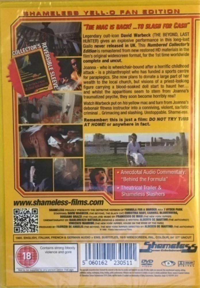 Formula for a Murder AKA 7, Hyden Park: la casa maledetta (DVD) (1985) Shameless (Leikkaamaton)