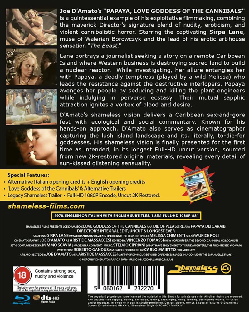 Papaya, Love Goddess of the Cannibals - Limited Edition (Blu-ray) (1978) numeroitu painos - Slipcover mukana. (Papaya dei Caraibi | Restored Edition)  Shameless