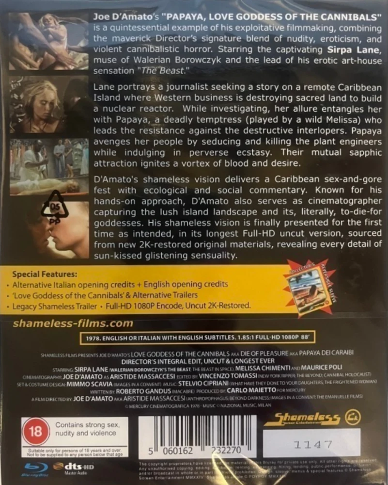 Papaya, Love Goddess of the Cannibals - Limited Edition (Blu-ray) (1978) numeroitu painos - Slipcover mukana. (Papaya dei Caraibi | Restored Edition)  Shameless