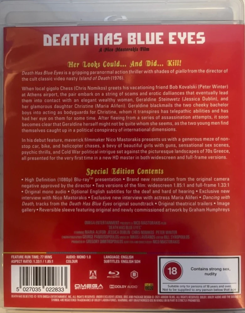 Death Has Blue Eyes (With Booklet) Blu-ray (Arrow Video) Ensimmäinen painos (To koritsi vomva)