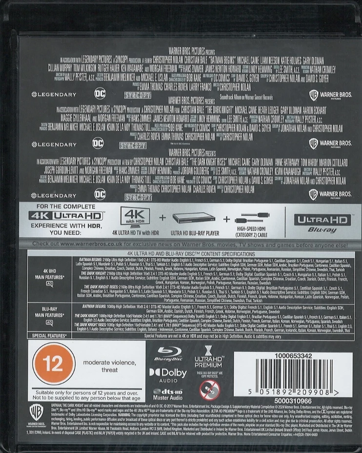 The Dark Knight Trilogy Box (3x4K Ultra HD + 3xBlu-ray) Batman: Yön ritari -trilogia Boksi (Batman Begins / Yön ritari / The Dark Knight / Yön ritarin paluu / The Dark Knight Rises)
