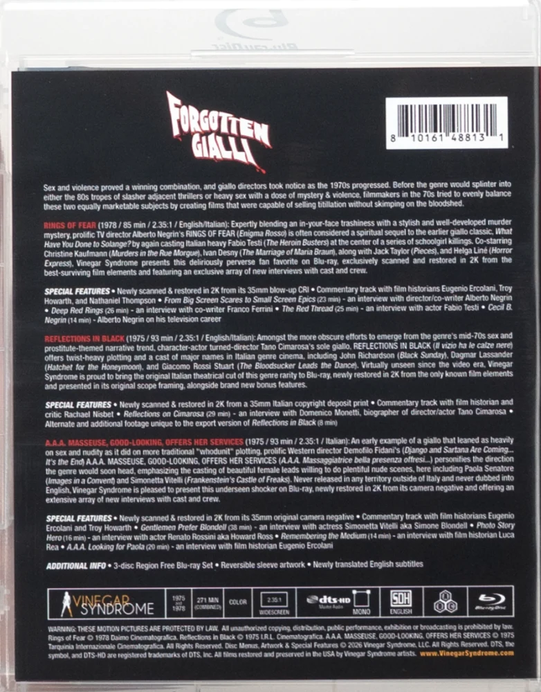 Forgotten Gialli: Volume 8 (3 x Blu-ray) Vinegar Syndrome / Rings of Fear / Reflections in Black / A.A.A. Masseuse, Good-Looking, Offers Her Services