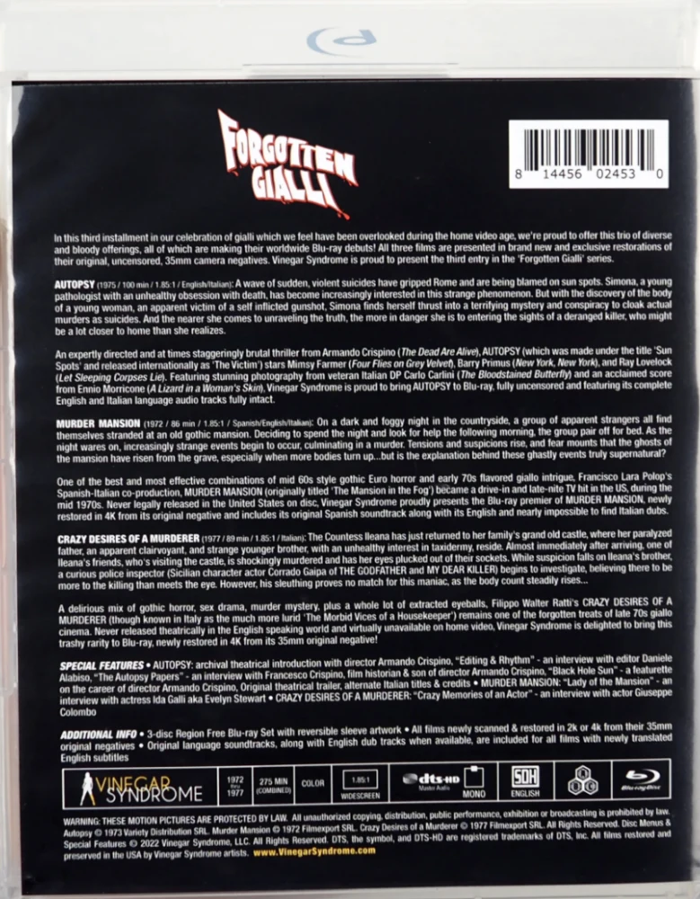 Forgotten Gialli: Volume 3 (3x Blu-ray) Vinegar Syndrome | Autopsy / Murder Mansion / Crazy Desires of a Murderer