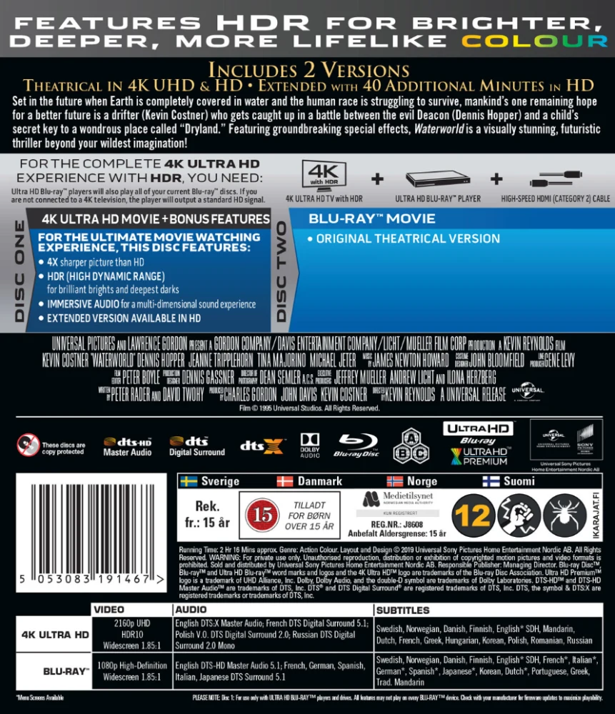Waterworld (4K Ultra HD + Blu-ray) Sisältää 2 Versiota elokuvasta: THEATRICAL IN 4K UHD & HD • EXTENDED WITH 40 ADDITIONAL MINUTES IN HD
