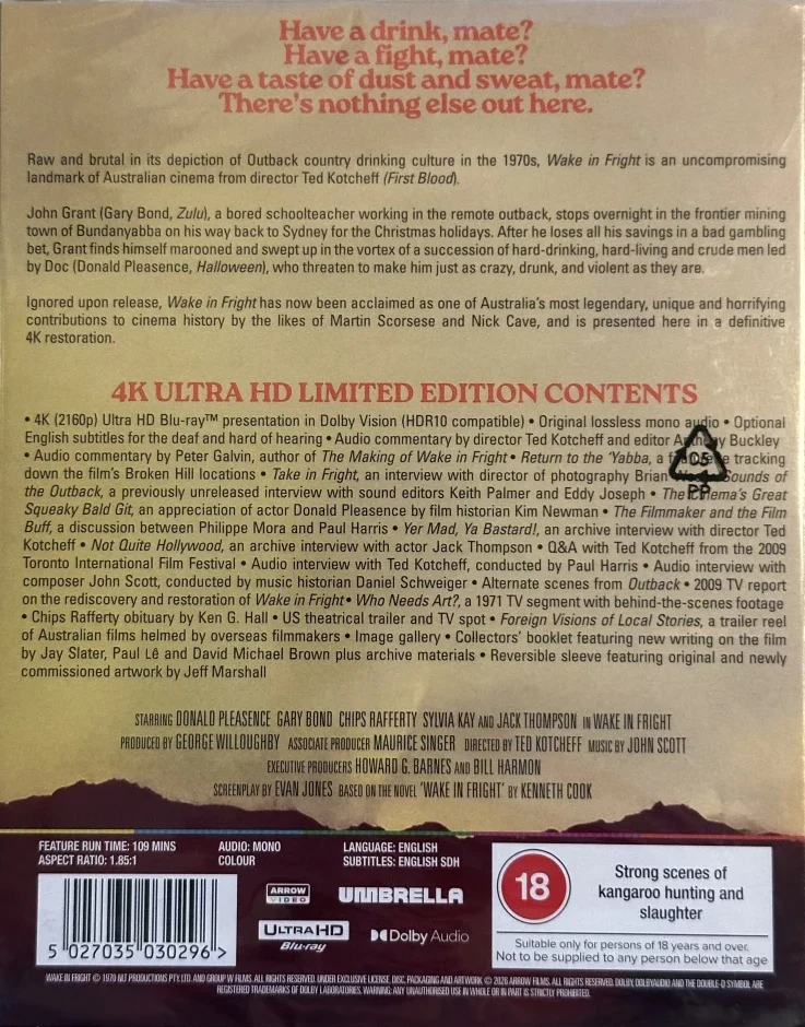 Kova loma - Wake In Fright - Limited Edition (4K Ultra HD) Arrow (Vihkonen + Slipcover) Outback AKA Vaarallinen loma