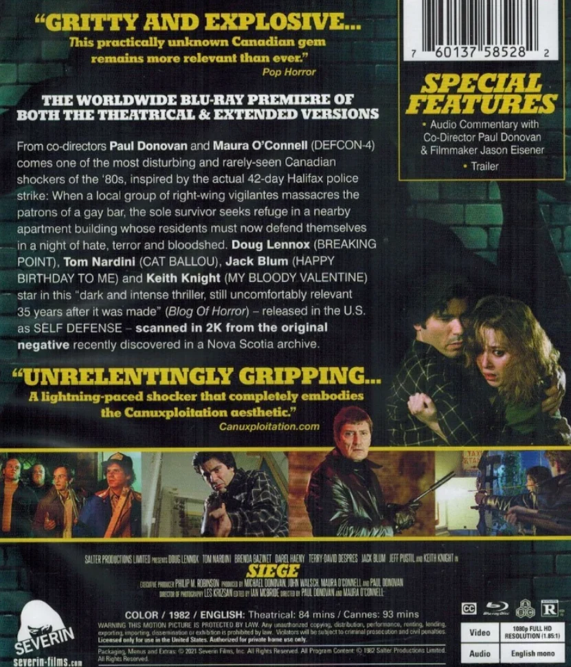 Siege - Self Defense (Blu-ray) (Slipcase) 2K masteroitu! (2versiota elokuvasta: teatteriversio ja Pidennetty versio. 80s CANUXPLOITATION SHOCKER