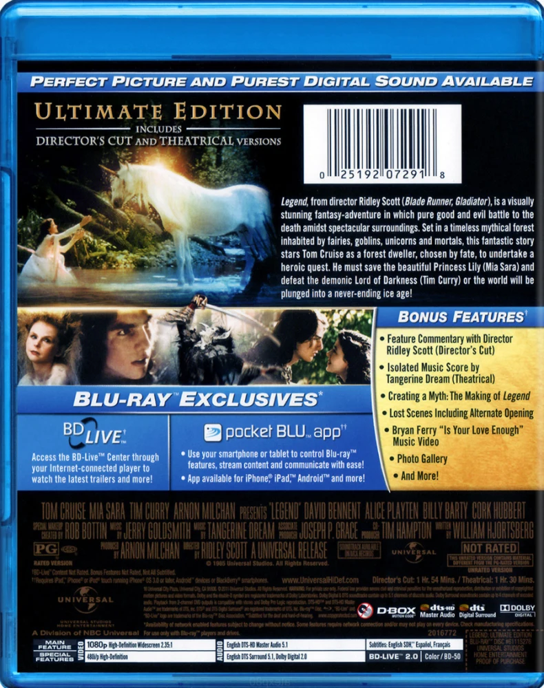Legenda - Legend - Ultimate Edition (Blu-ray) mukana USA:n teatteri versio Tangerine Dreamin musiikilla (Suomi/nordic painoksessa ei ole tätä versiota).