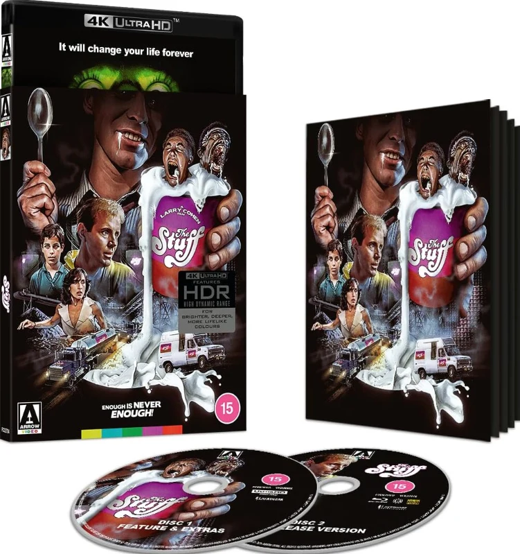 The Stuff - murhaavaa mössöä - Limited Edition (1985) Arrow (4K Ultra HD + Bonus Blu-ray) Slipcover + Vihkonen (2 eri versiota elokuvasta)