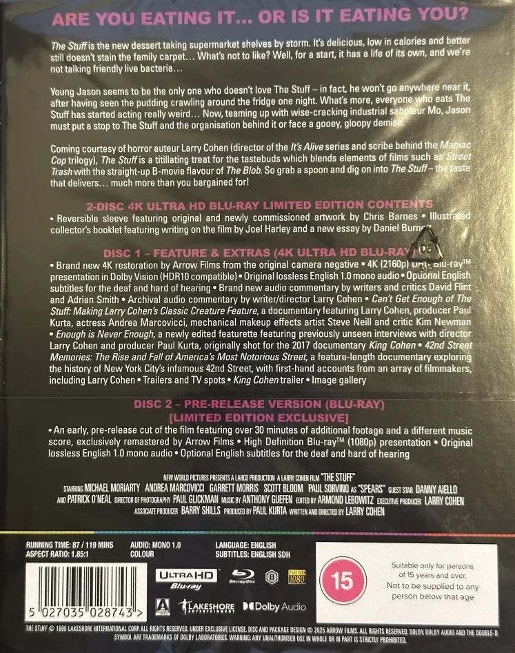 The Stuff - murhaavaa mössöä - Limited Edition (1985) Arrow (4K Ultra HD + Bonus Blu-ray) Slipcover + Vihkonen (2 eri versiota elokuvasta)