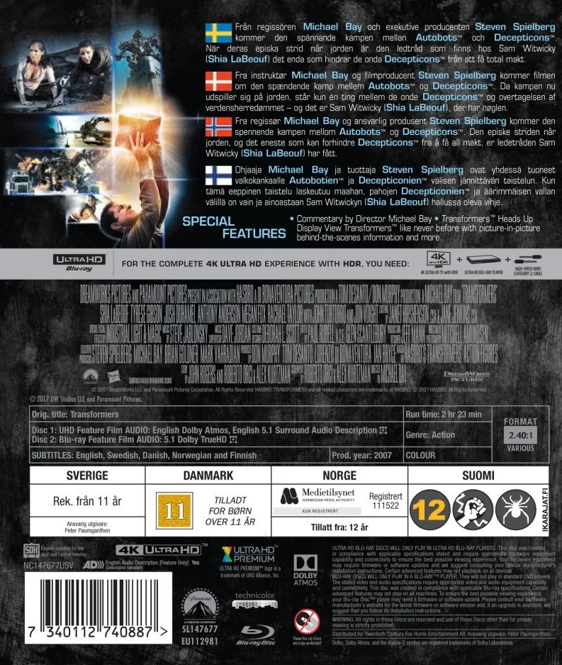 Transformers / Osa 1 (4K Ultra HD + Blu-ray) Megan Fox (2007) Ohjaus: Michael Bay
